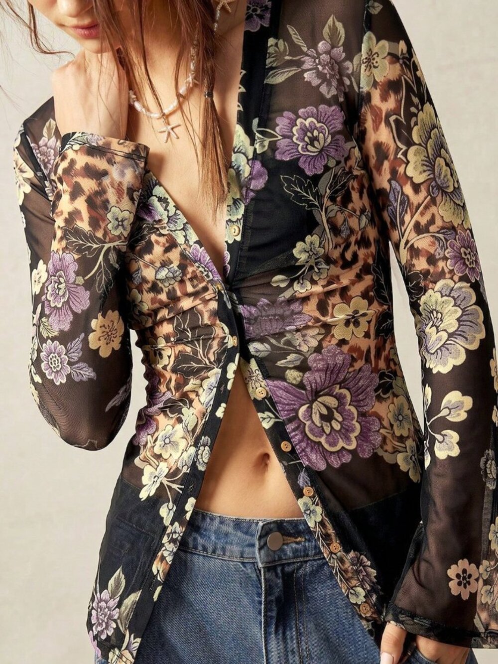 Black Casual Women's Boho Vacation Knit Mesh Printed Top - Picture 4 of 8